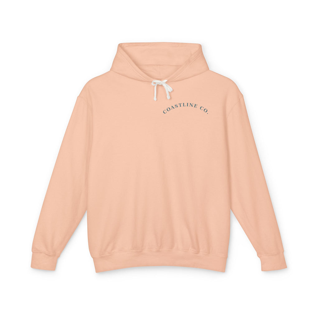 Peach hoodie with 'Coastline Co.' logo on a white background