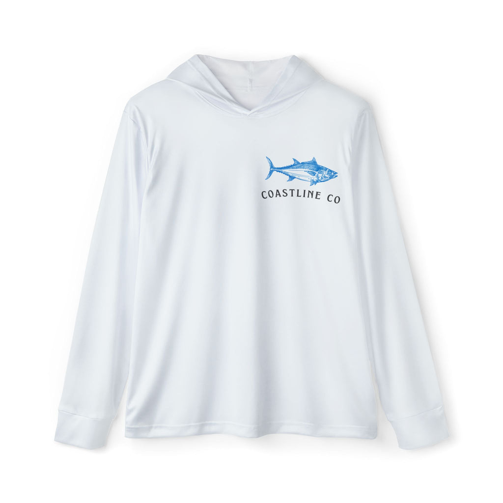 A white long-sleeve hooded performance shirt with a blue fish graphic and 'COASTLINE CO' text on the left chest, displayed on a clean white background.