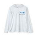 A white long-sleeve hooded performance shirt with a blue fish graphic and 'COASTLINE CO' text on the left chest, displayed on a clean white background.