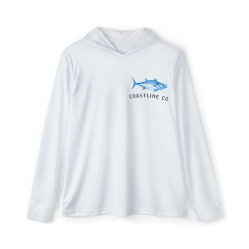 A white long-sleeve hooded performance shirt with a blue fish graphic and 'COASTLINE CO' text on the left chest, displayed on a clean white background.