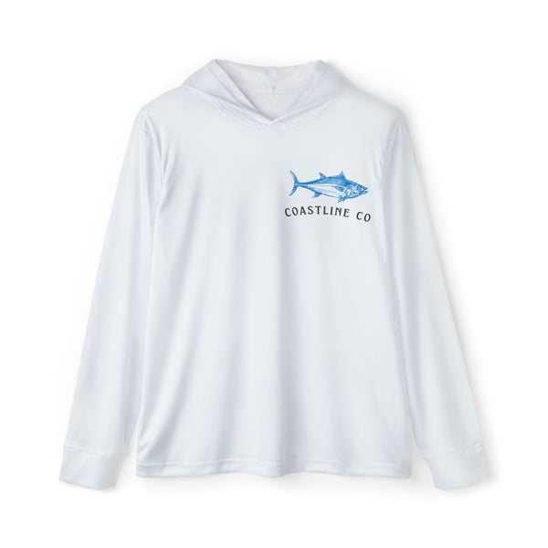 A white long-sleeve hooded performance shirt with a blue fish graphic and 'COASTLINE CO' text on the left chest, displayed on a clean white background.