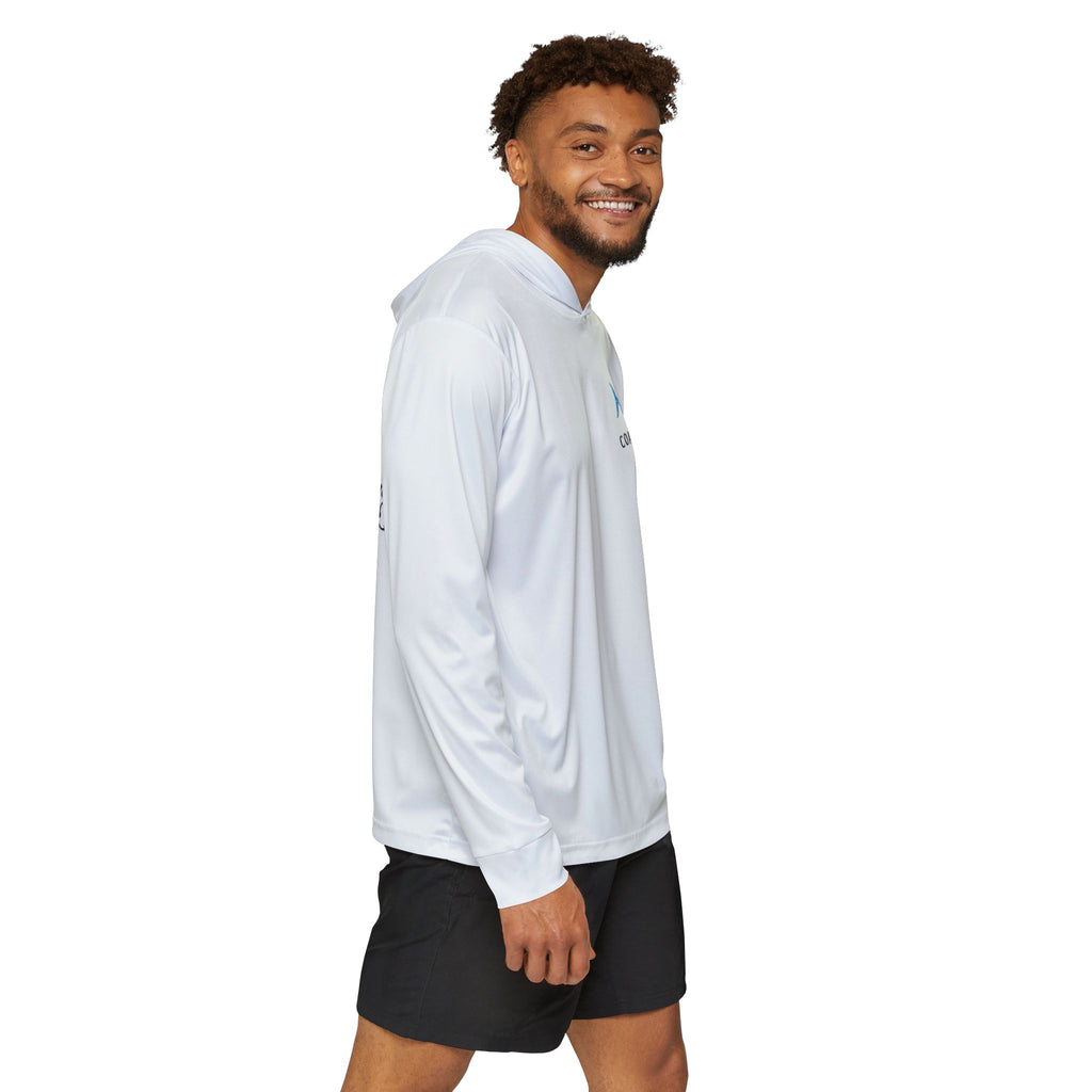 Man wearing a white hoodie with black text and black shorts on a white background
