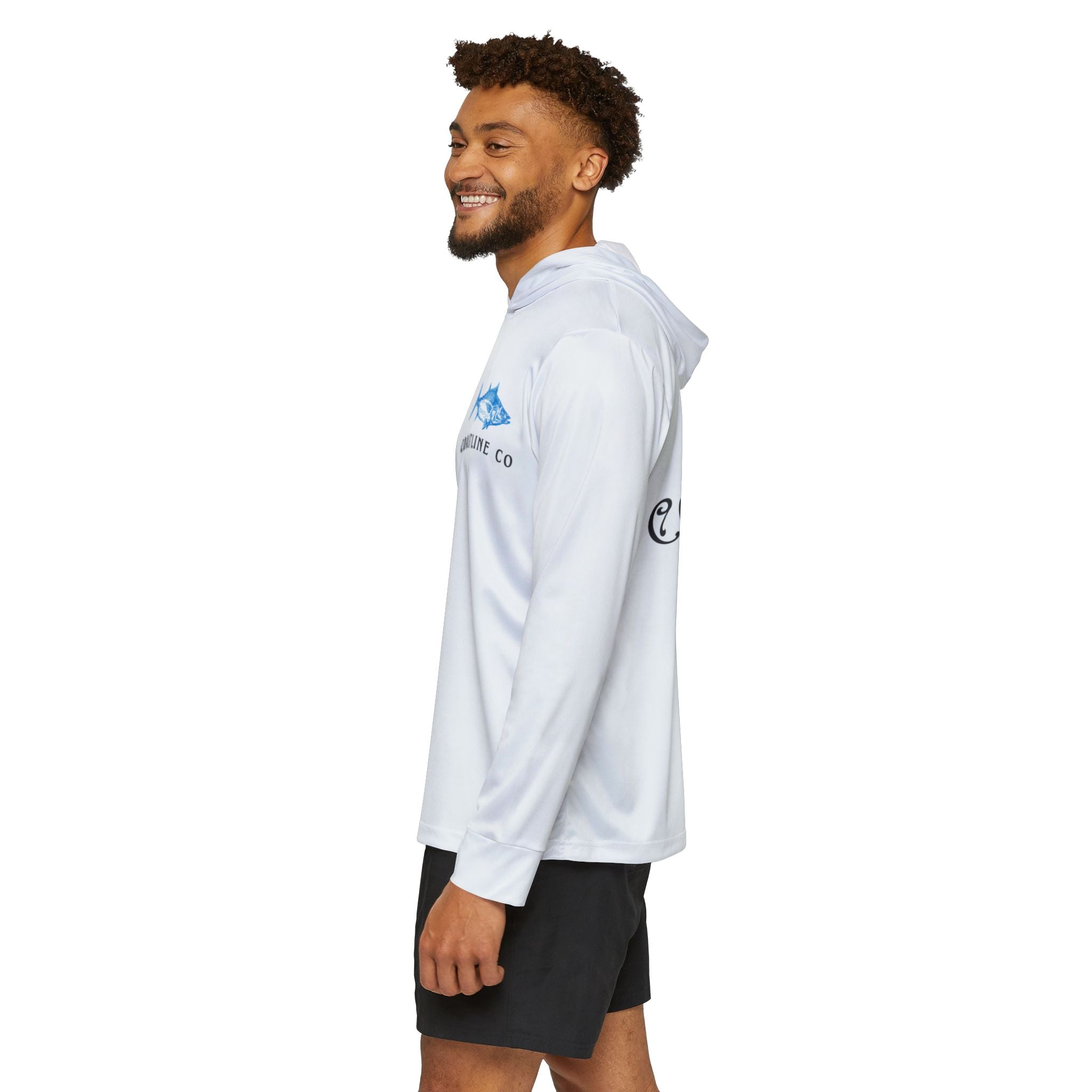 Man wearing a white long-sleeve shirt with a logo on a white background