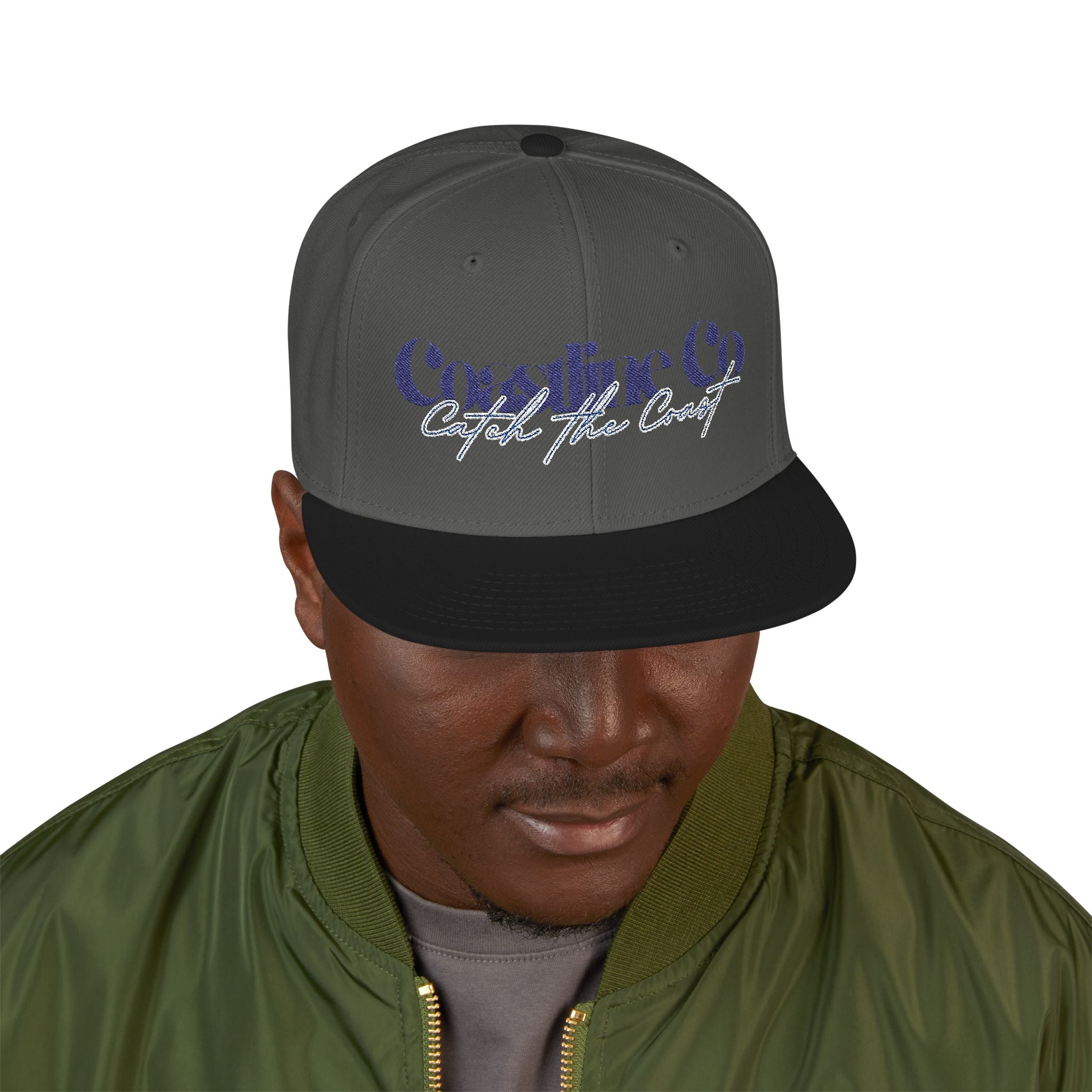 Embroidered Script Snapback Hat — Blue Silver Signature Cap