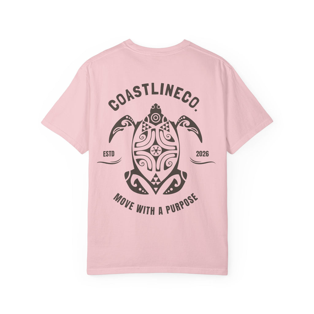 Pink t-shirt with turtle design and text on a white background