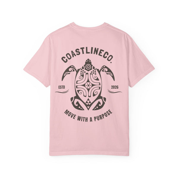Pink t-shirt with turtle design and text on a white background