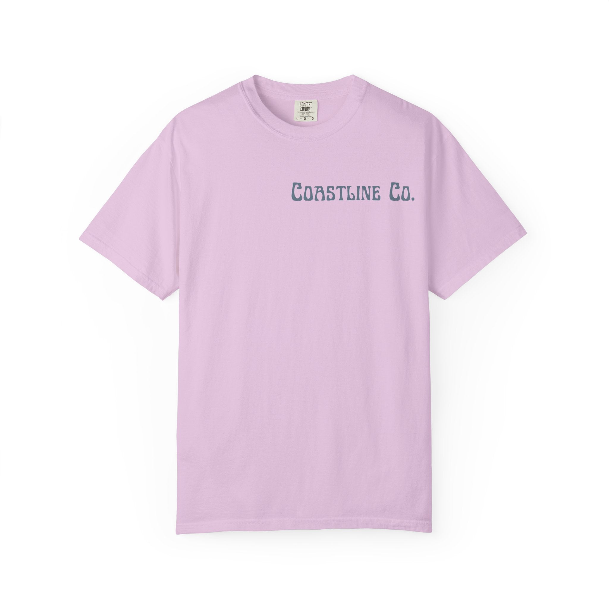 Light purple t-shirt with 'Coastline Co.' text on a white background