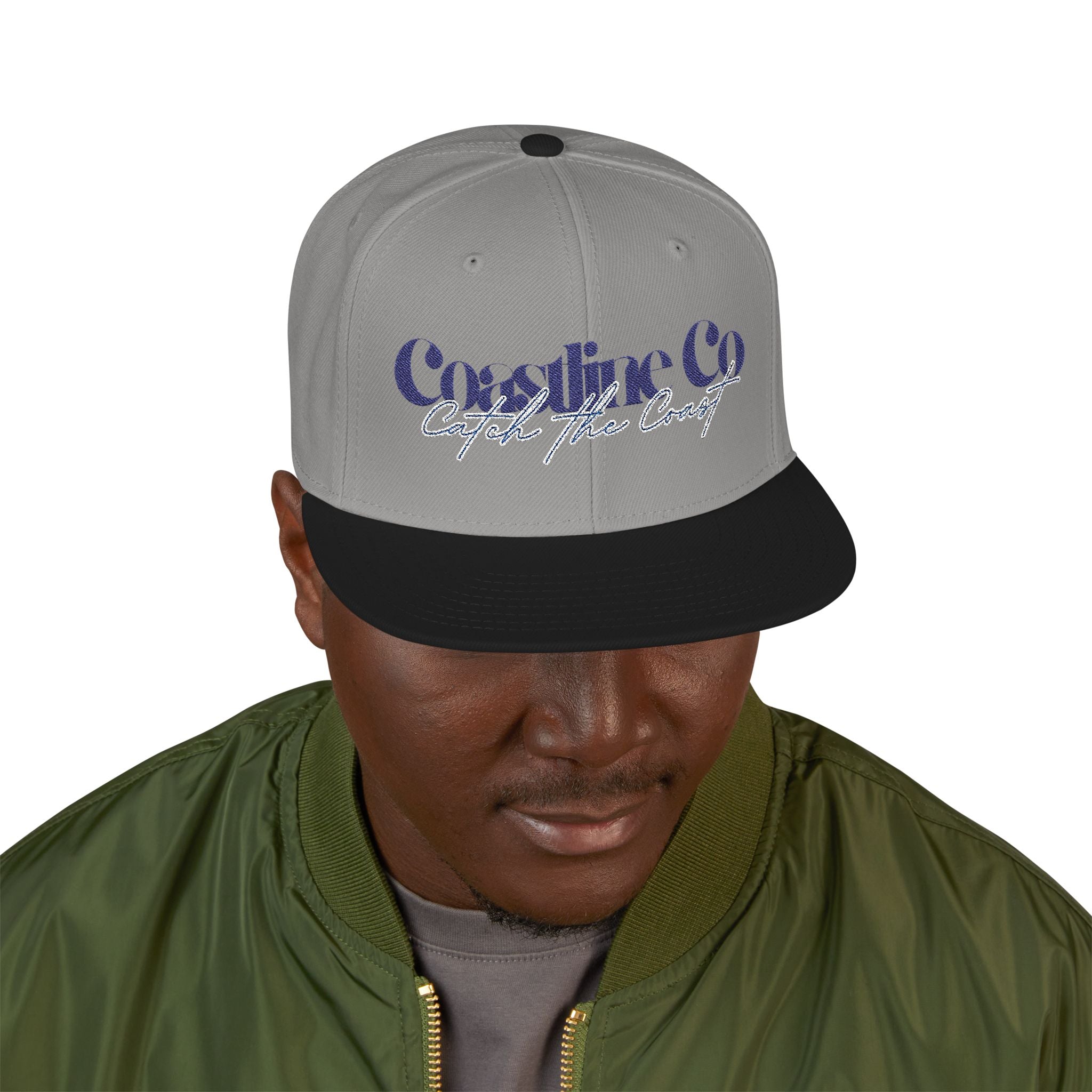 Embroidered Script Snapback Hat — Blue Silver Signature Cap