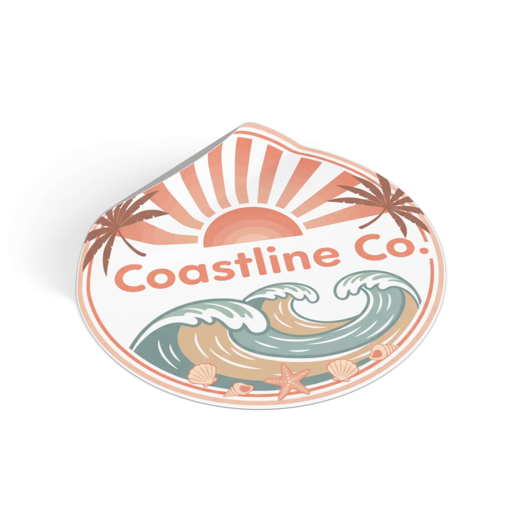 Coastline Co. Round Vinyl Sticker — Retro Beach Waves Sun Palm Design