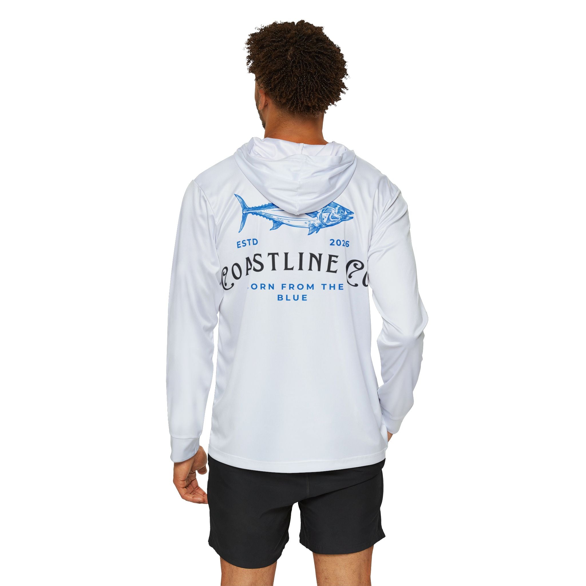 Person wearing a white hoodie with branding on the back against a white background