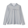 A light gray long-sleeve hooded performance shirt with 'Coastline Co.' printed in black cursive across the chest, displayed on a clean white background.