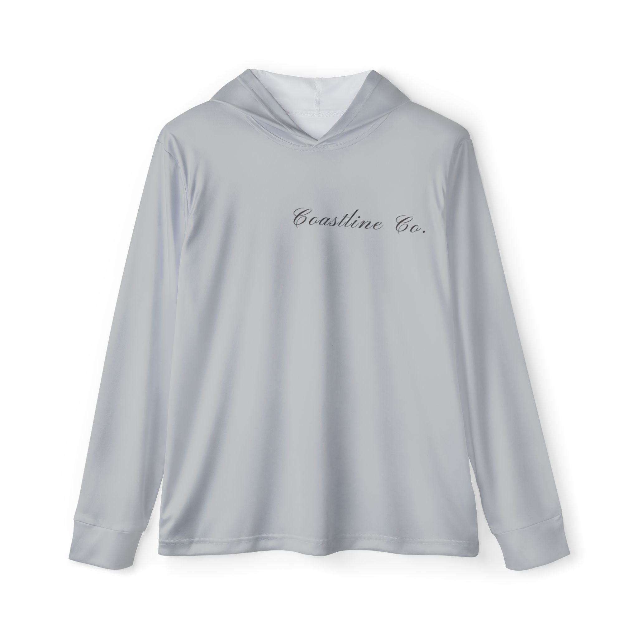 A light gray long-sleeve hooded performance shirt with 'Coastline Co.' printed in black cursive across the chest, displayed on a clean white background.