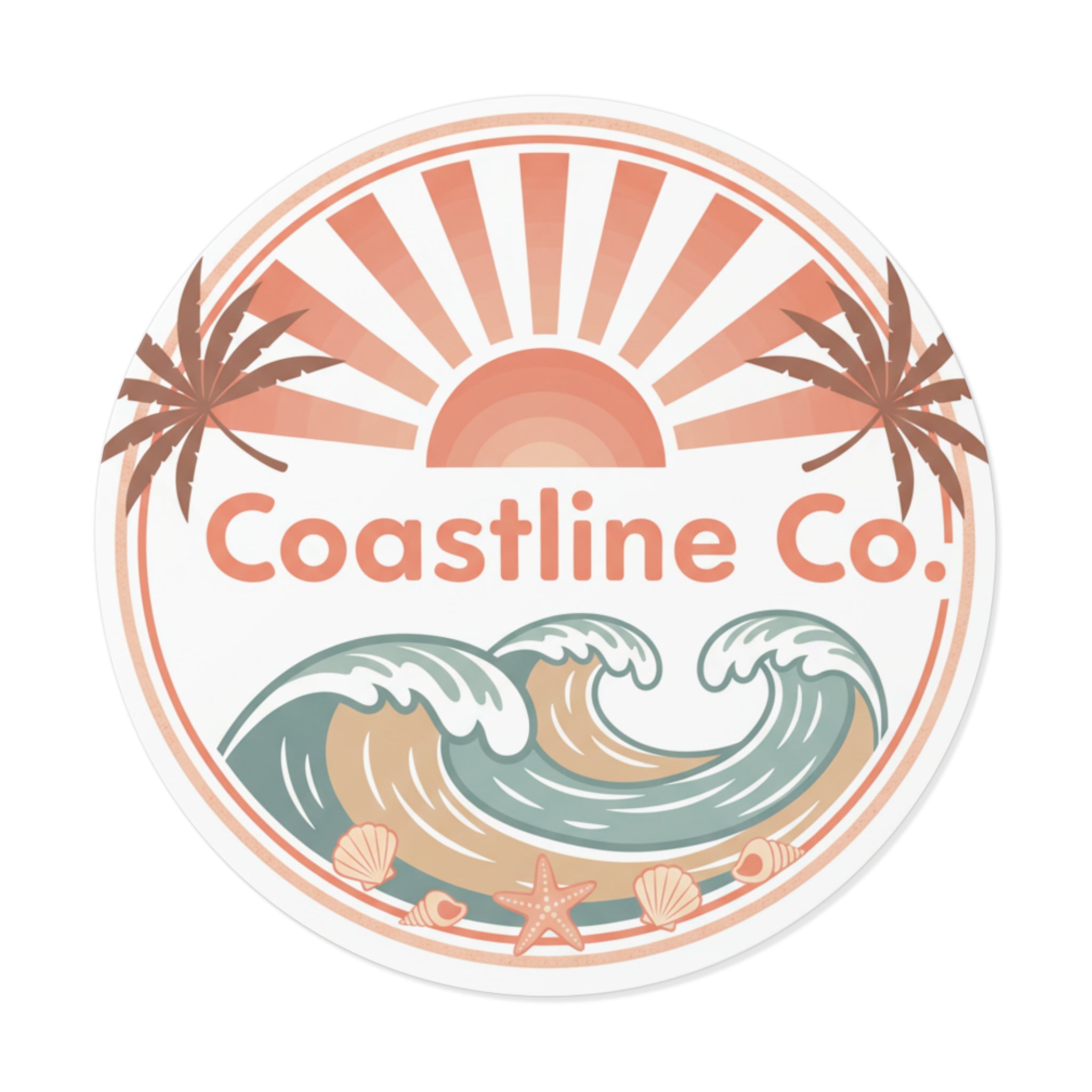 Coastline Co. Round Vinyl Sticker — Retro Beach Waves Sun Palm Design