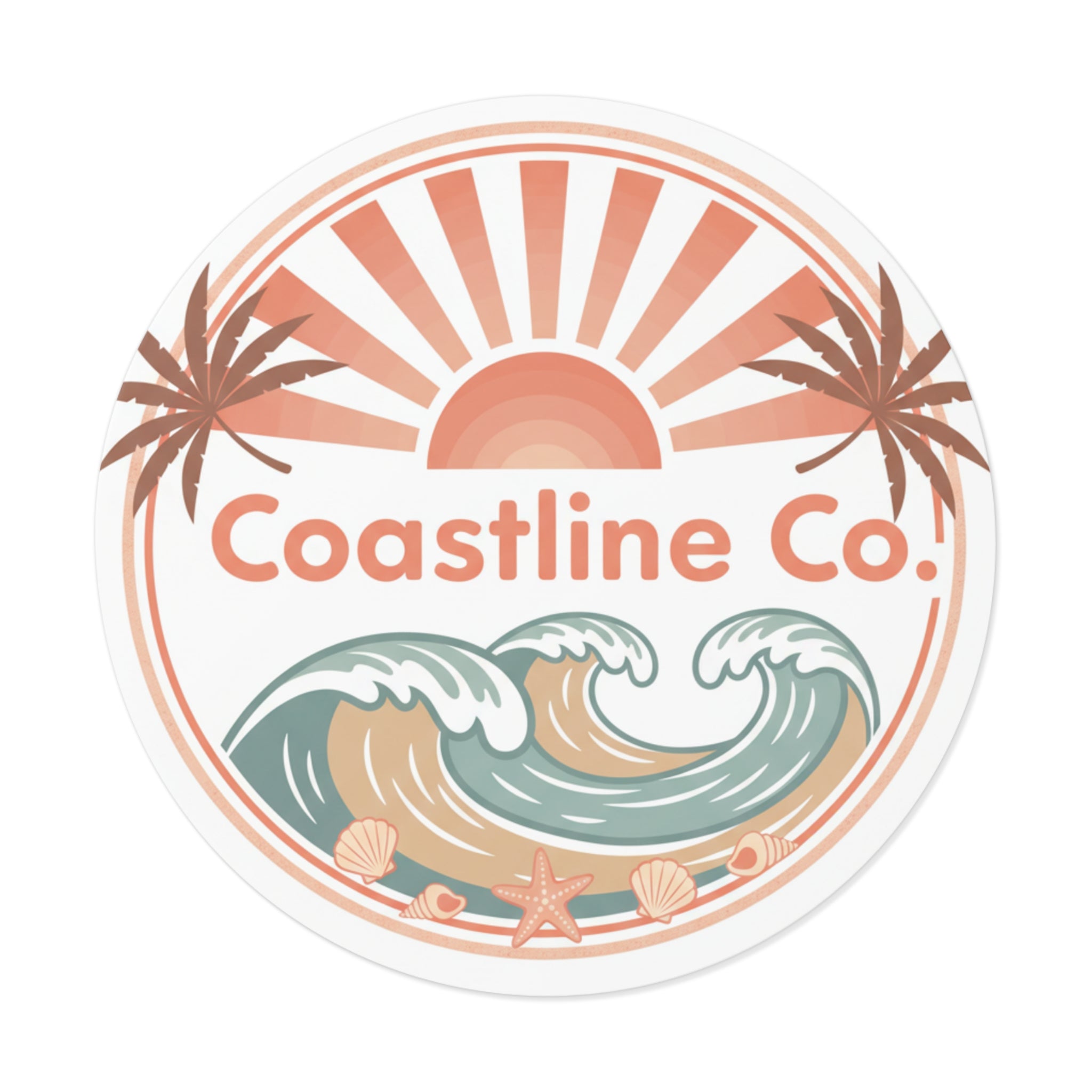 Coastline Co. Round Vinyl Sticker — Retro Beach Waves Sun Palm Design