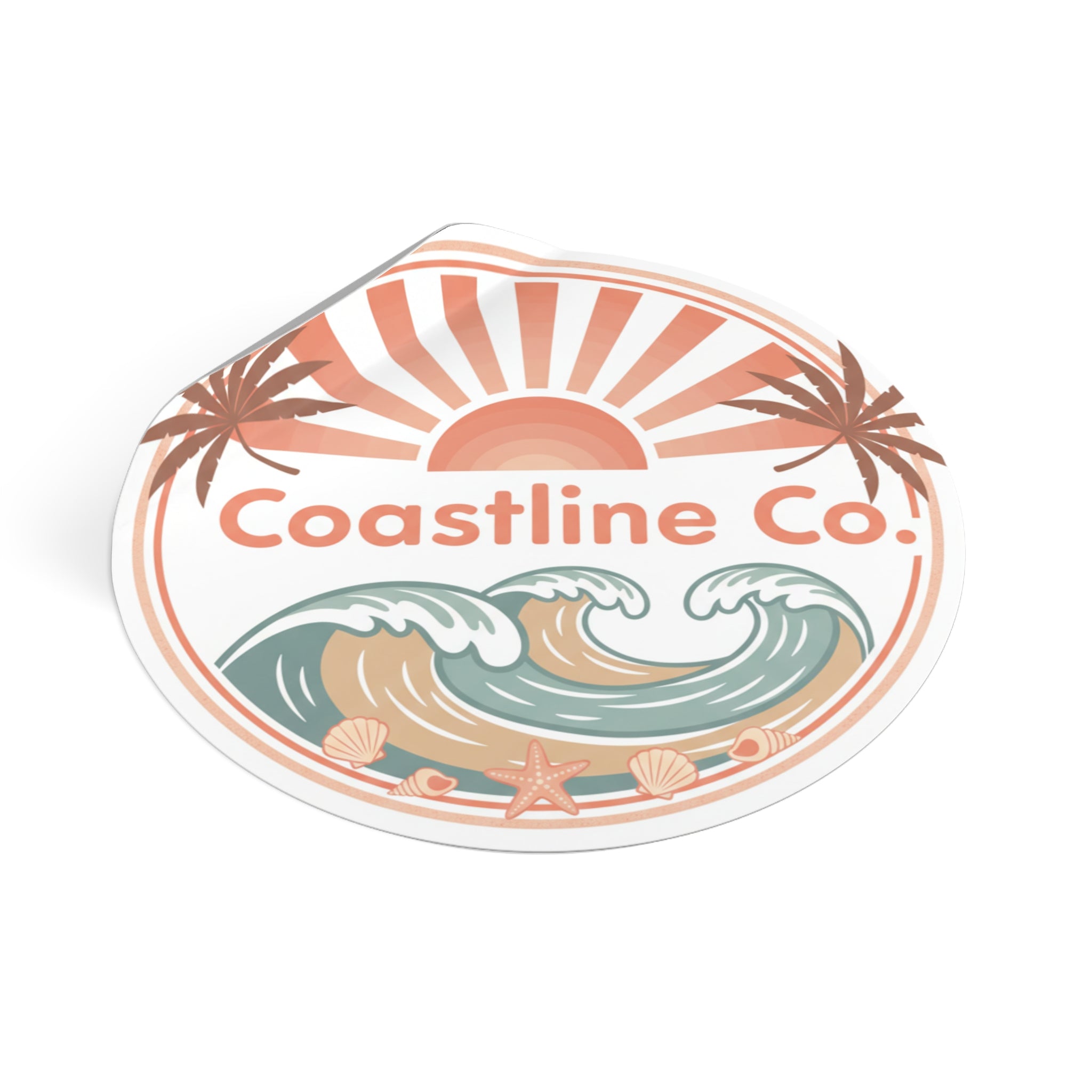Coastline Co. Round Vinyl Sticker — Retro Beach Waves Sun Palm Design