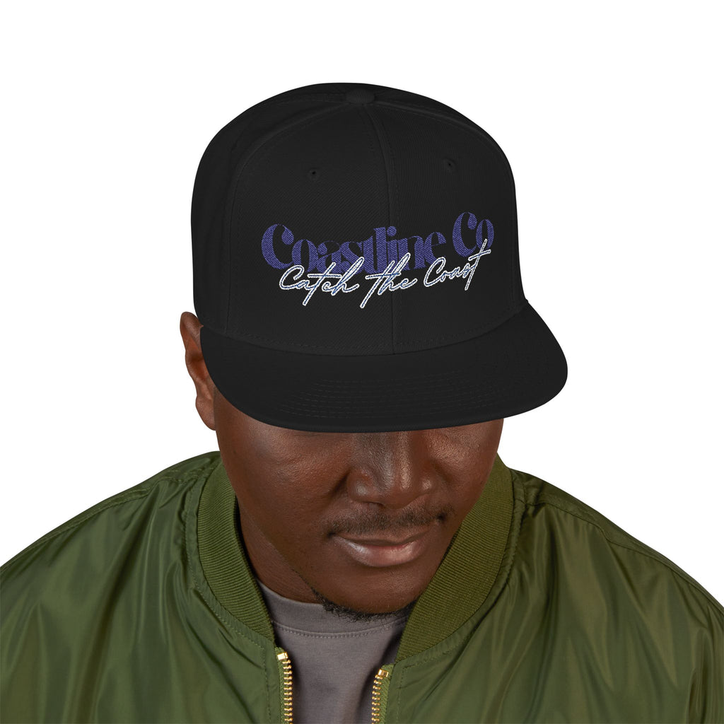 Embroidered Script Snapback Hat — Blue Silver Signature Cap