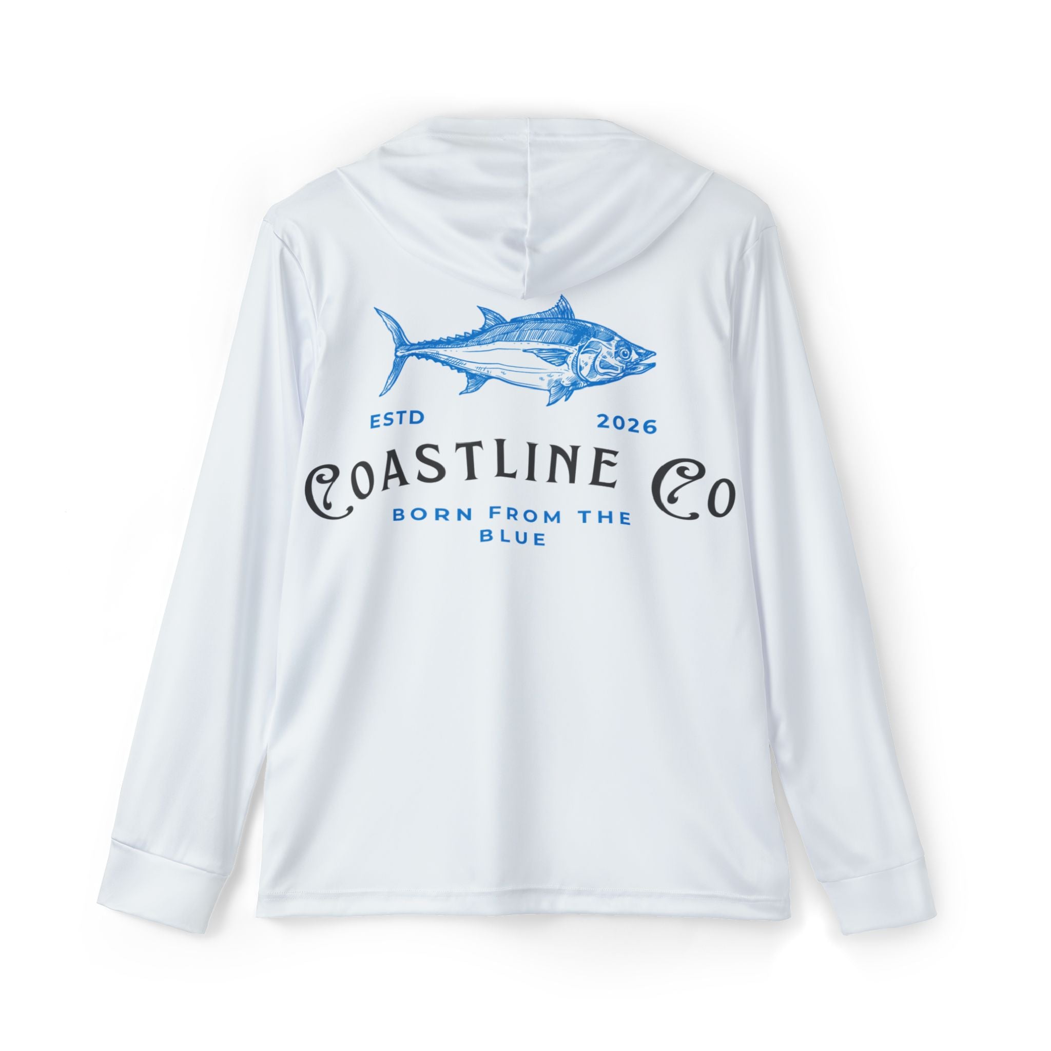 A white long-sleeve hooded shirt shown from the back, featuring a blue tuna fish graphic and the text 'COASTLINE CO', 'ESTD 2026', and 'BORN FROM THE BLUE'.