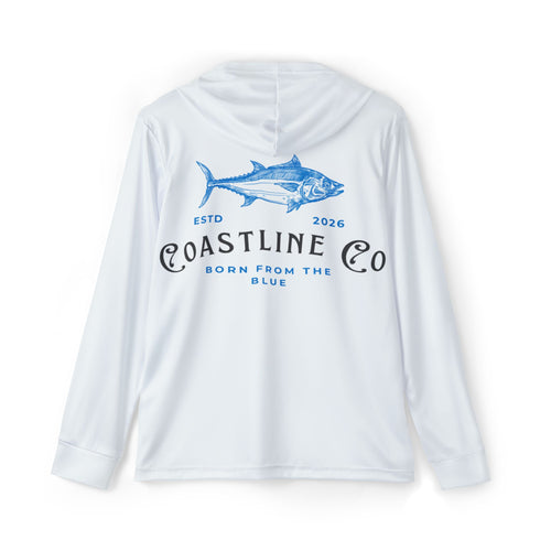 A white long-sleeve hooded shirt shown from the back, featuring a blue tuna fish graphic and the text 'COASTLINE CO', 'ESTD 2026', and 'BORN FROM THE BLUE'.