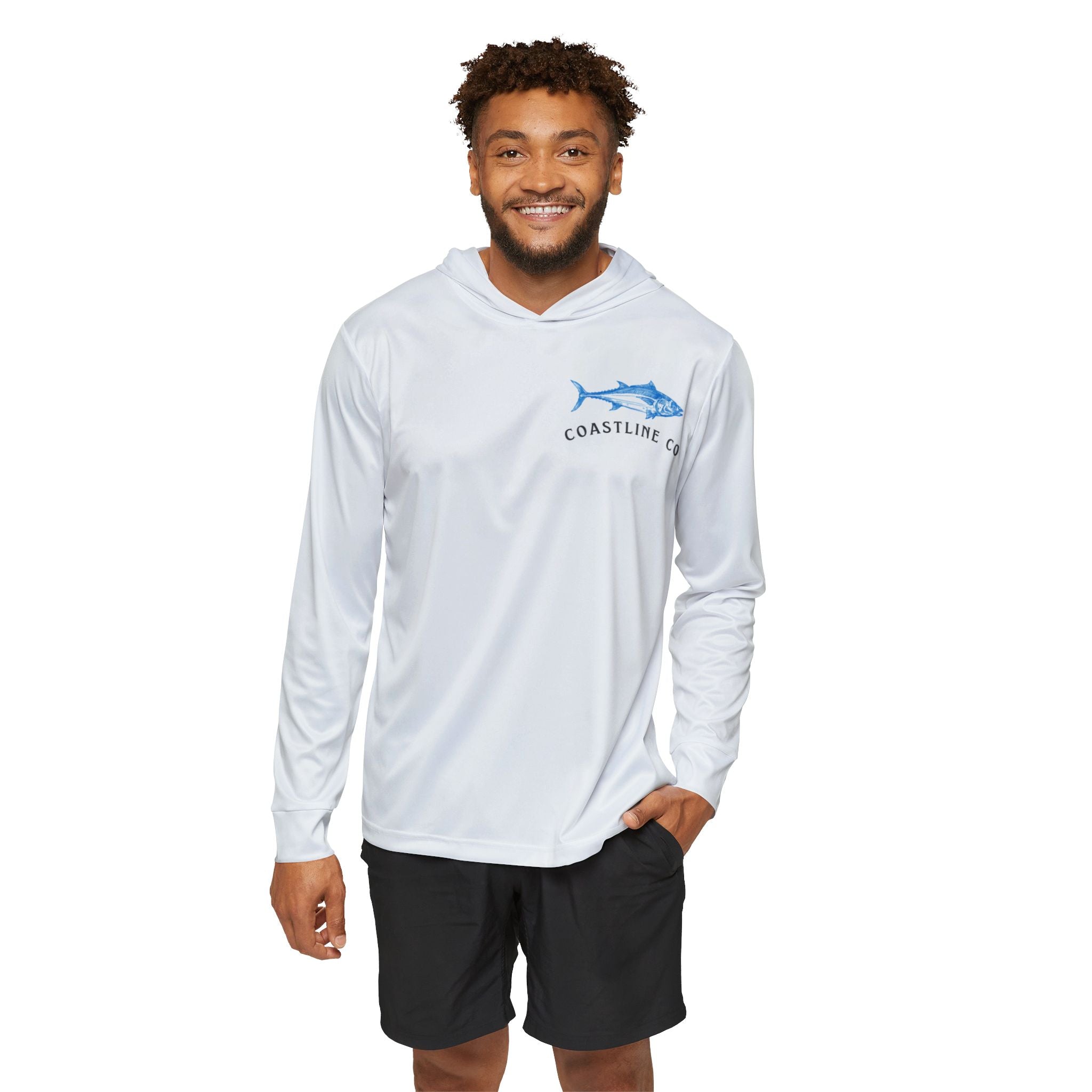 Man wearing a white long-sleeve shirt with a logo on a white background