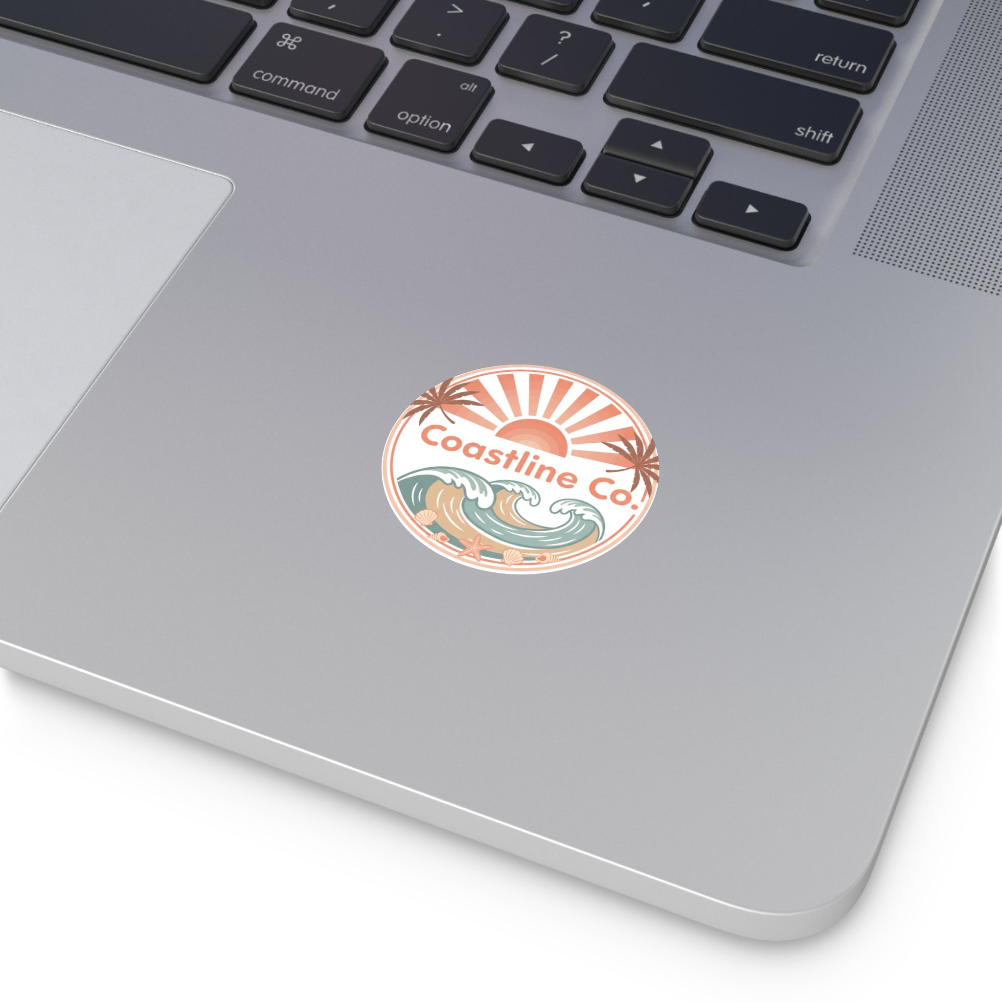 Coastline Co. Round Vinyl Sticker — Retro Beach Waves Sun Palm Design