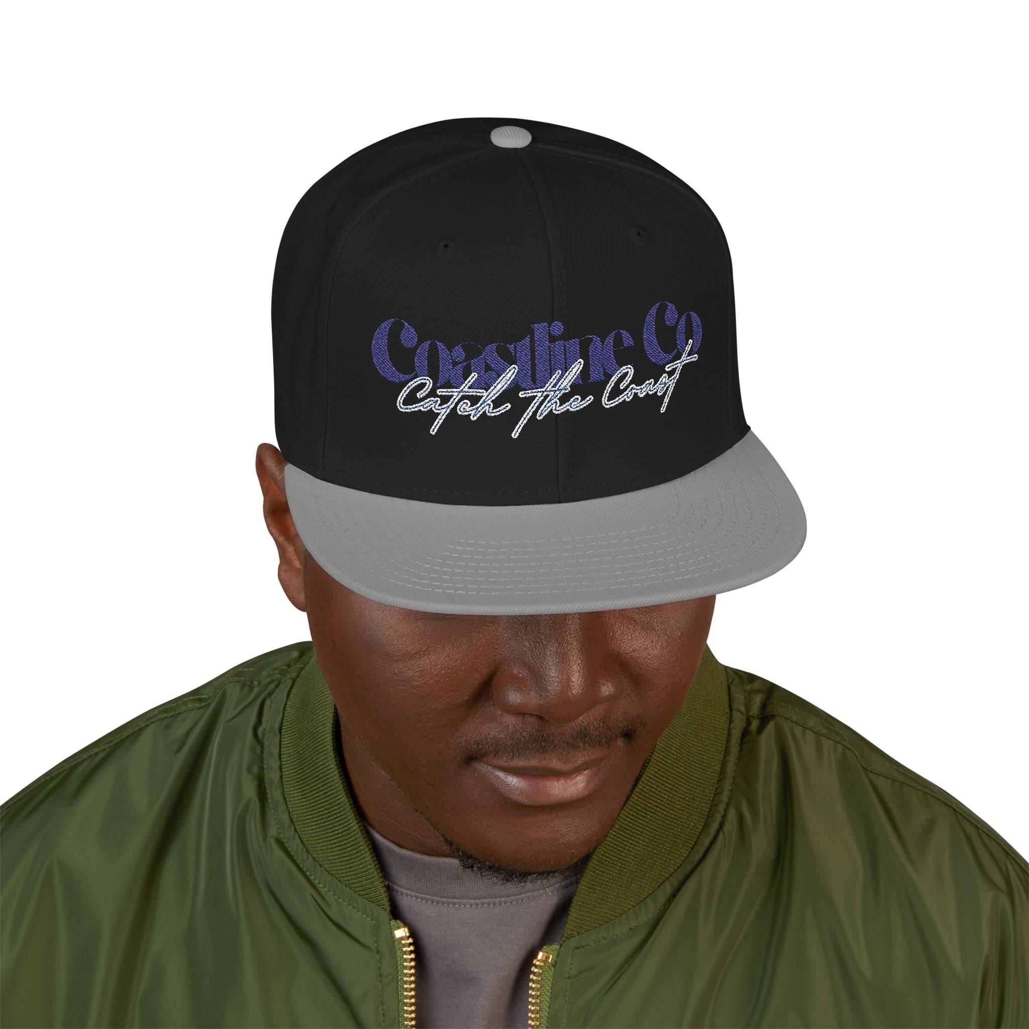 Embroidered Script Snapback Hat — Blue Silver Signature Cap