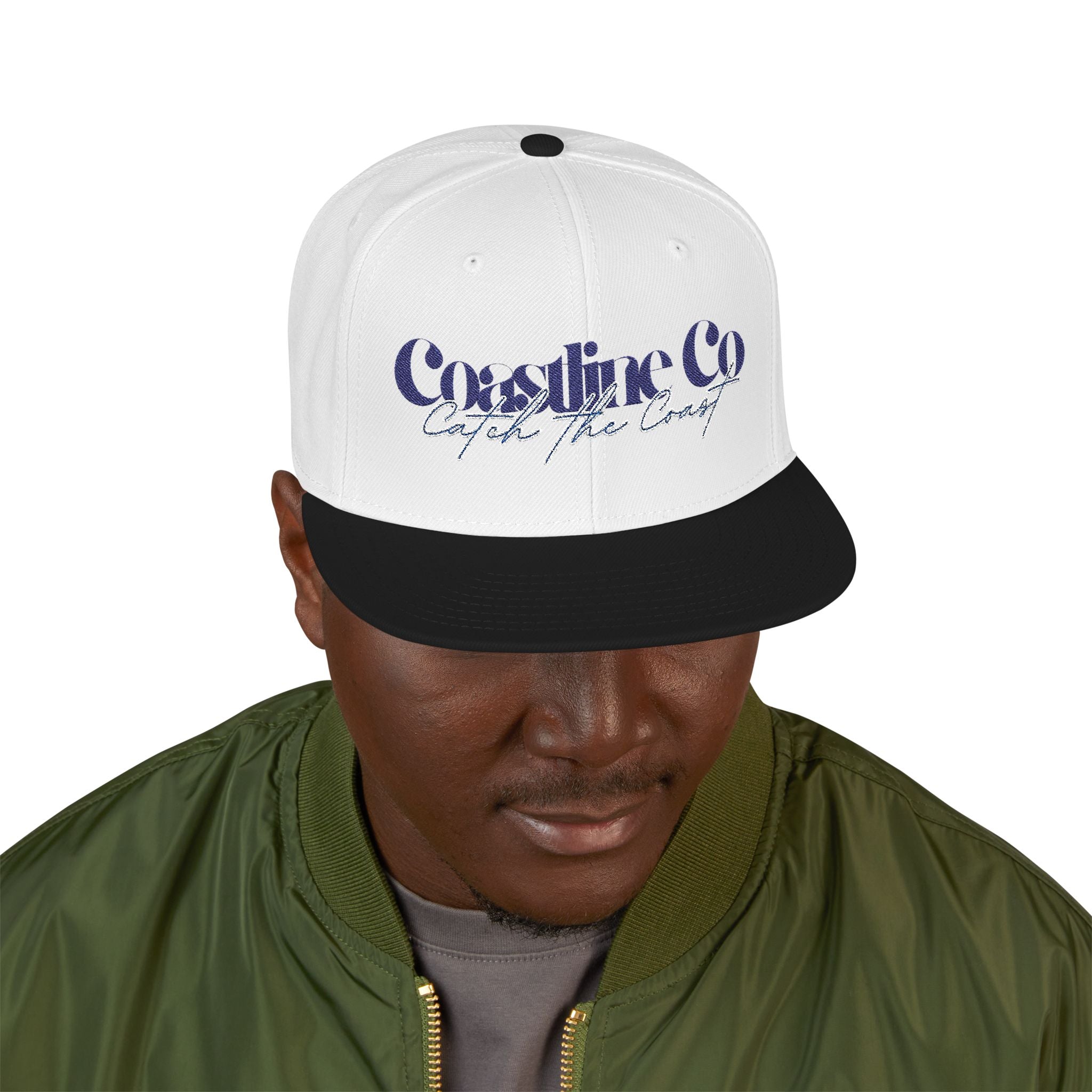 Embroidered Script Snapback Hat — Blue Silver Signature Cap