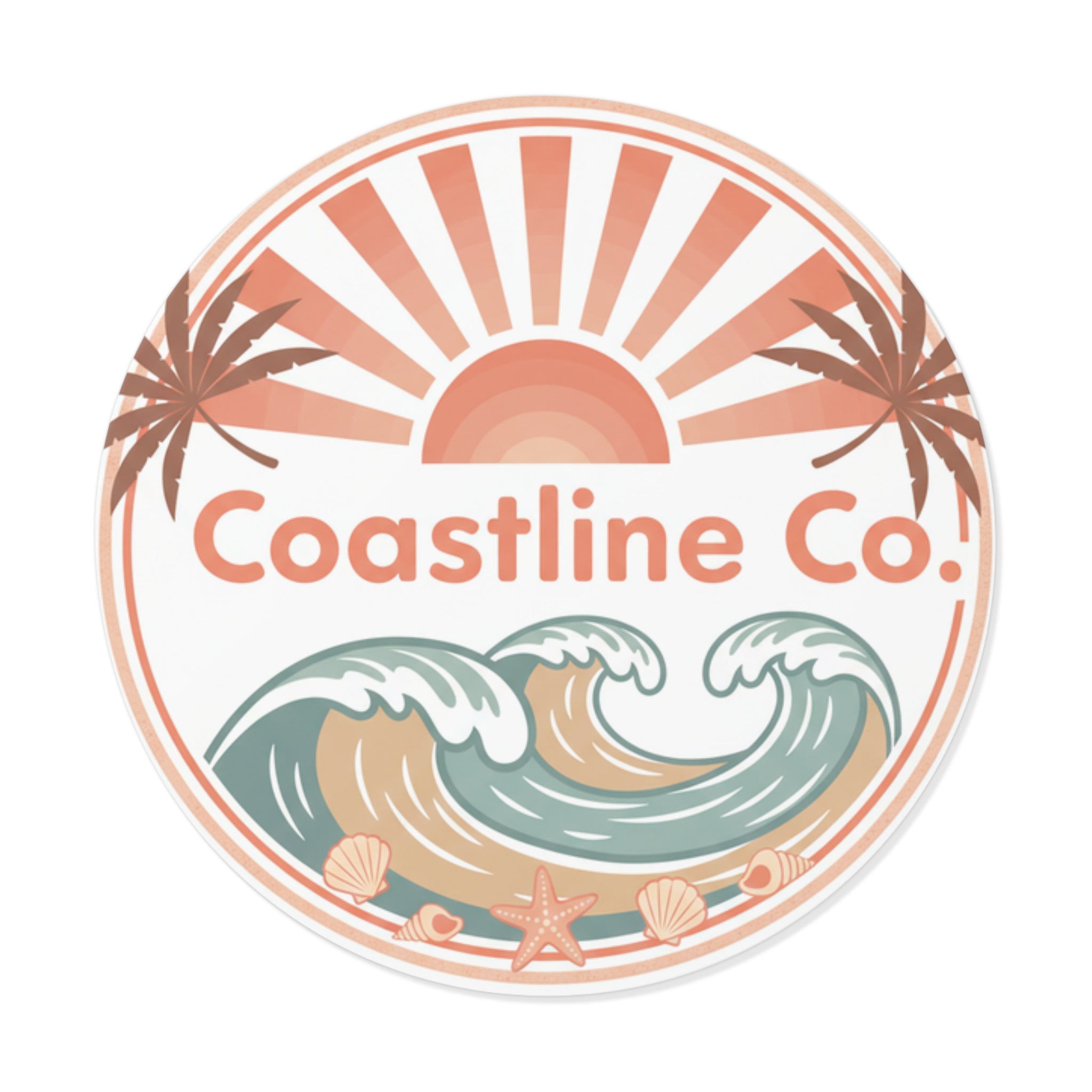 Coastline Co. Round Vinyl Sticker — Retro Beach Waves Sun Palm Design