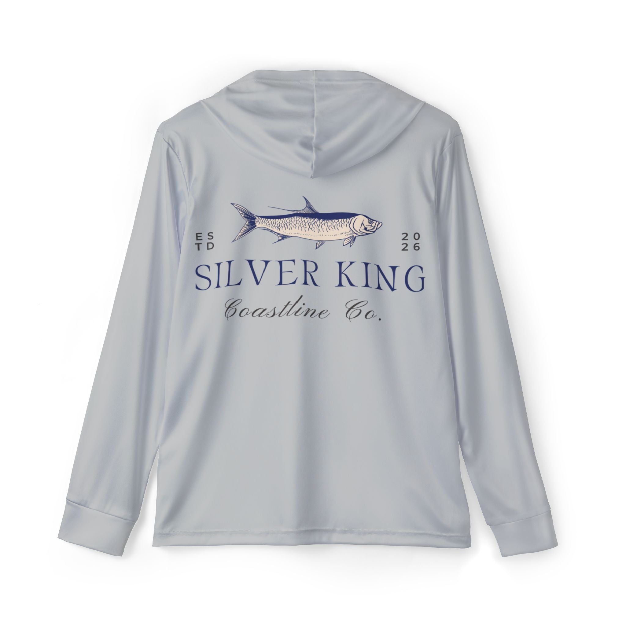 A light gray hooded long-sleeve shirt shown from the back, featuring a navy blue graphic of a fish and the text 'SILVER KING Coastline Co.' printed across the upper back.